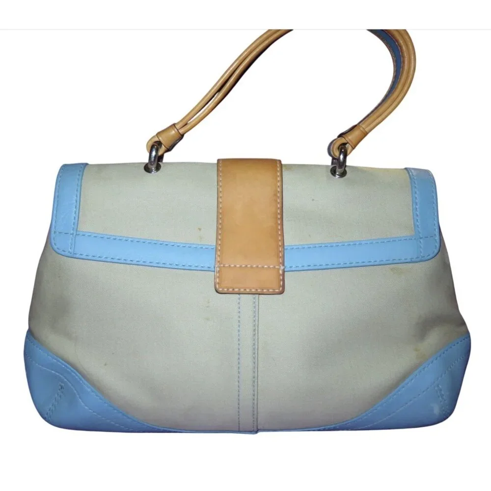 Coach 2004 Daisy Flap Hampton Cream Sateen & Blue and Tan Vachetta Leather